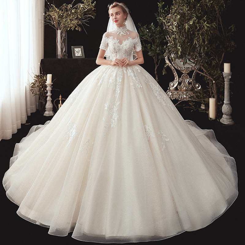 High Neck Short Sleeve Appliques Bridal Gowns Beading Princess Wedding Dress Ball Gown - Image 2