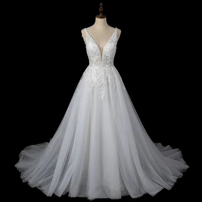 Tulle A Line Wedding Dress Beach Summer Elegant Bridal Boho Wedding Gowns Deep V neck
