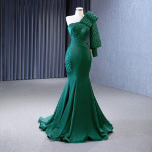 One Shoulder Evening Dress Vintage Green Woven Satin Mermaid Evening Dress