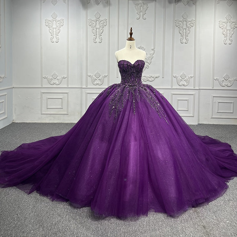 Purple Glitter Sweetheart Prom Evening Ball Gowns Party Dress