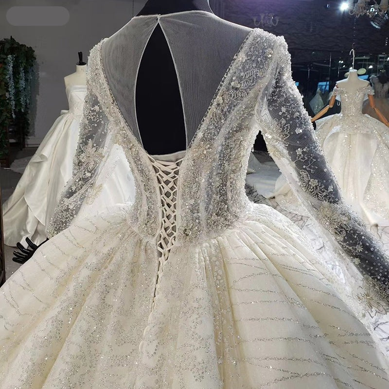 High Quality Luxury Long Sleeve Beading Bride Wedding Dress - Image 8