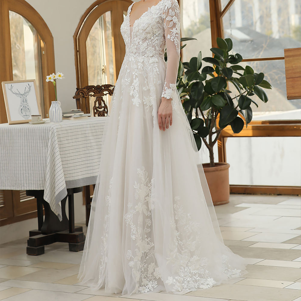 Modern V-neck Long Sleeve Floral Print Long Gowns For Women's Wedding - Image 4