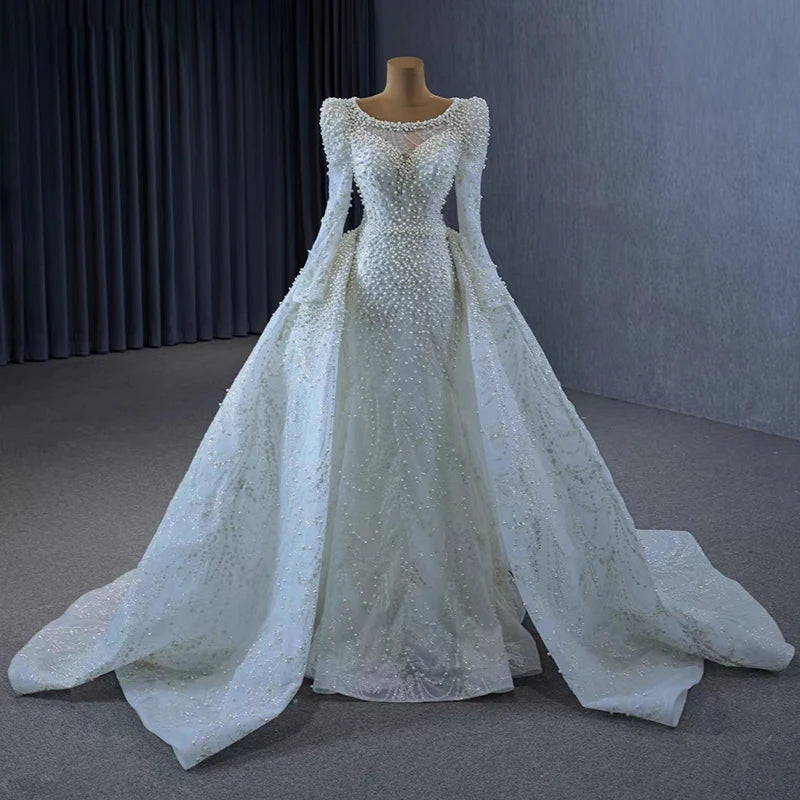 Luxury pearl beaded white long sleeve mermaid sheath ball gown vintage royal wedding dress