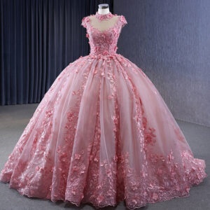 Pink Flower High Neck Ball Gown Evening Dresses