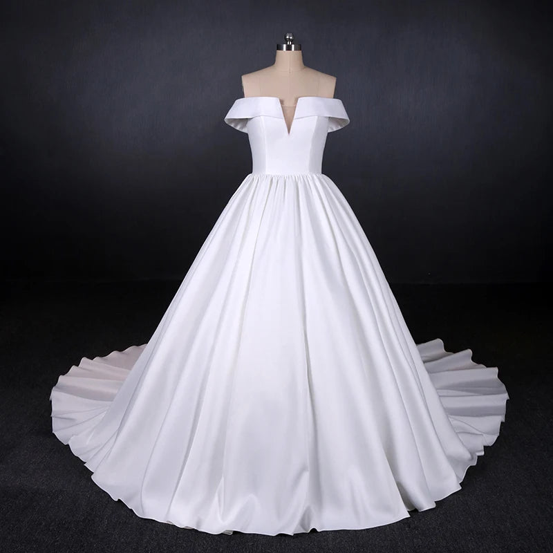 Simple White Ball Gown Satin Off The Shoulder Pleats Wedding Gown For Bride