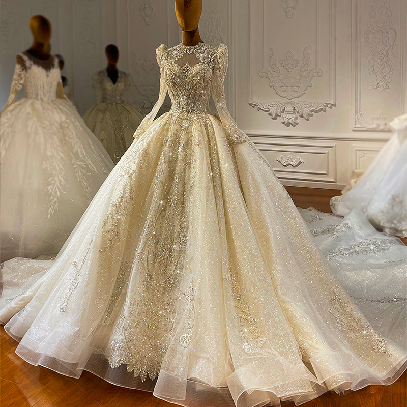 2022 New Luxury Tulle Sequined Turtleneck Lace Bridal Wedding Dress