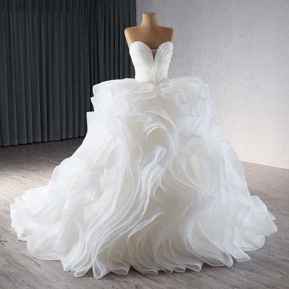 Ruffle Train Wedding Dress Spaghetti Straps Bridal Gown Sweetheart Neckline Bridal Dress - Image 3