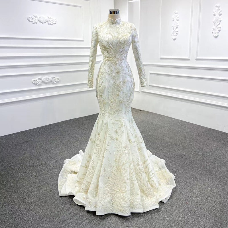High Neck Long Sleeve Mermaid Quality Detachable Train Wedding Bridal Dress - Image 3