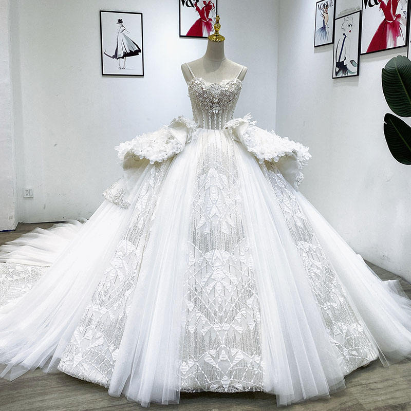 Modest Flower Spaghetti Strap Sequins Bridal Ball Gown Wedding Dress