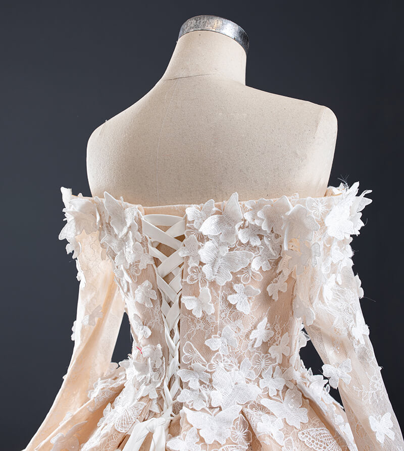 Wedding Dress Champagne Elegant 3d Flower Applique Off Shoulder Long Sleeves Wedding Gown - Image 7
