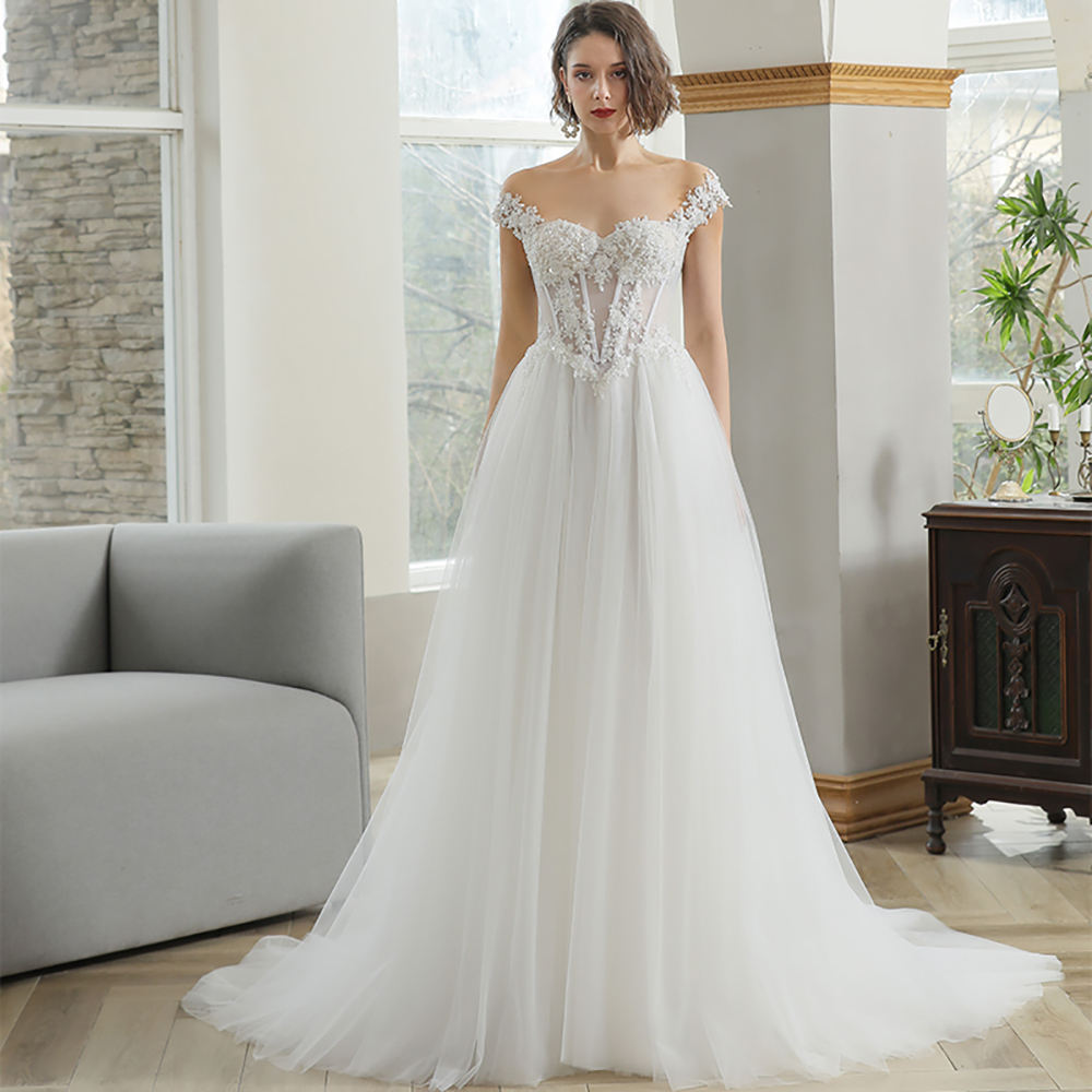 Classic Off Shoulder Sweetheart As Floor Illusion A-line Bridal Gowns