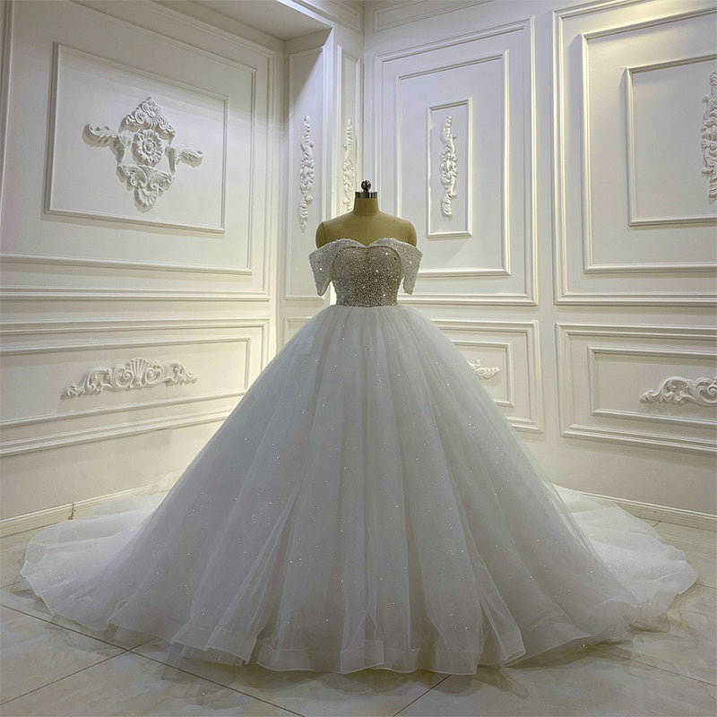 Customized 2022 New Bridal Wedding Dress Fabric White Bead Lace Wedding Dress