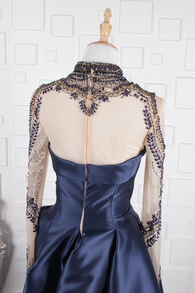 high neck beaded satin navy dresses women party - Image 5