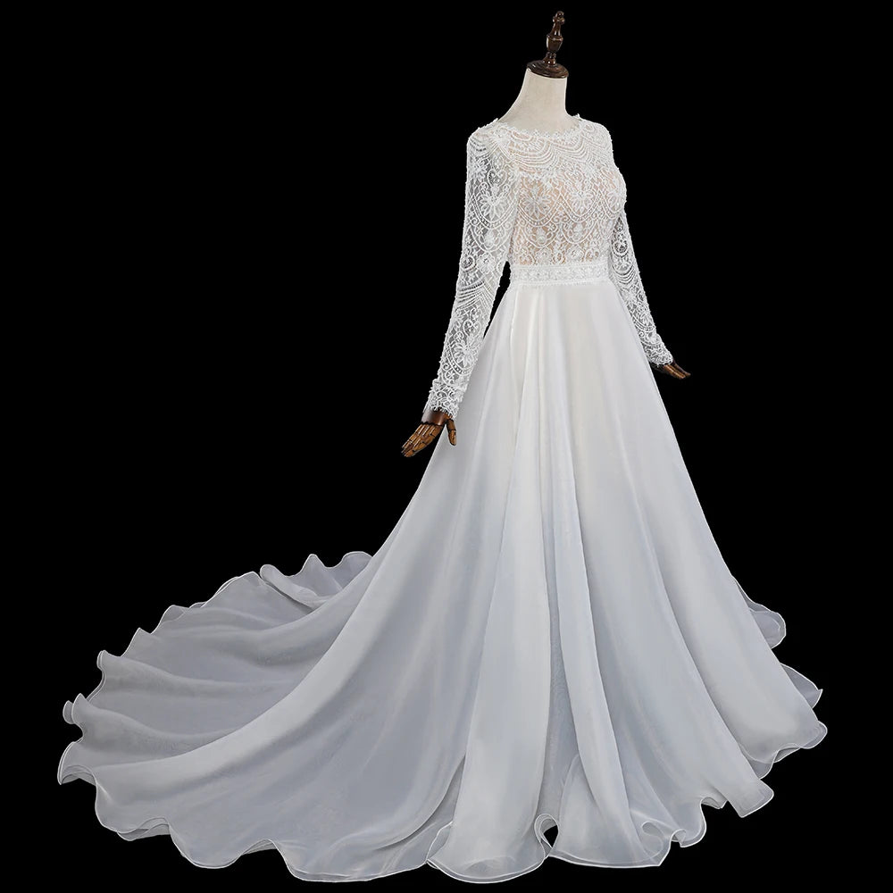 Elegant Lace Long Sleeves Wedding Dress Fluffy V Back Tulle Skirt Bridal Gowns - Image 3