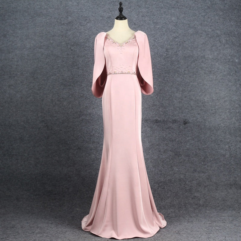 New Elegant Dress Women'S Party Bag Hip Fishtail Flying Sleeve Evening Dress Excellent Satin 2022