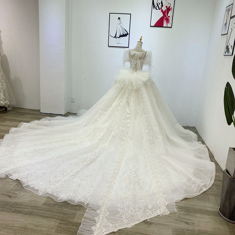 Pearls Luxury Square Collar Short Sleeve Ball Gown Wedding Dresses Bridal Gowns - Image 5