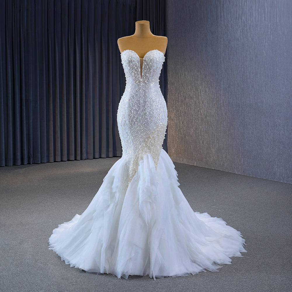 Gorgeous Elegant Strapless Lace Mermaid Button Sleeveless Pearls Wedding For Women