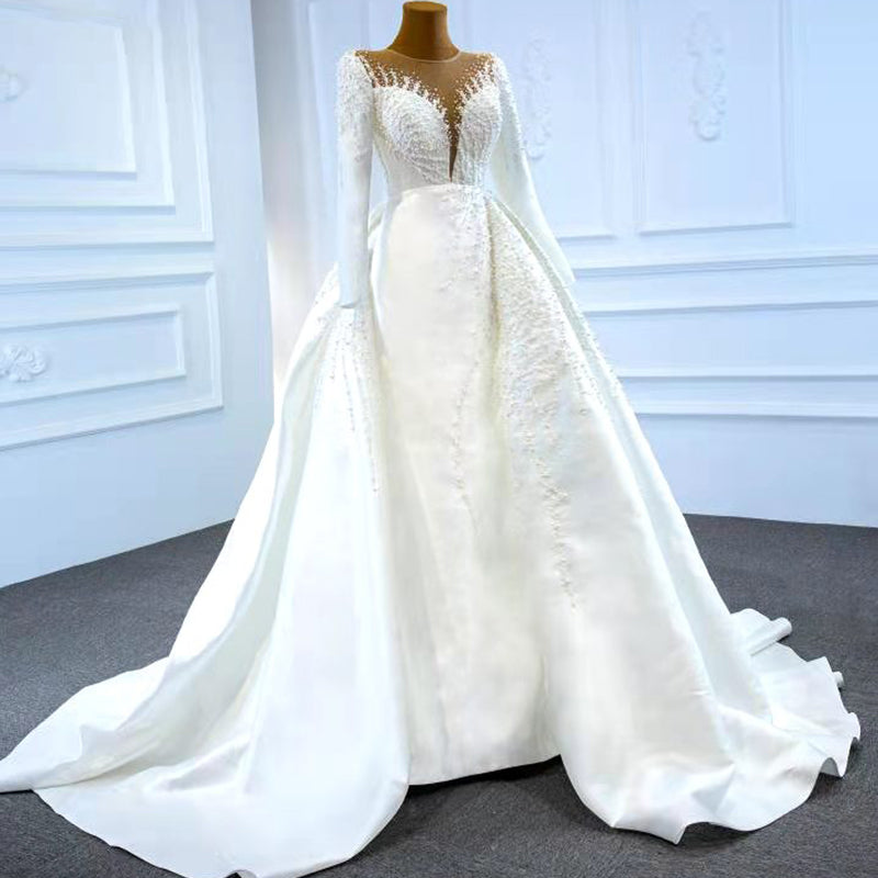 Long Sleeve Deep V Pearls Satin White Bridal Gowns Wedding Dress