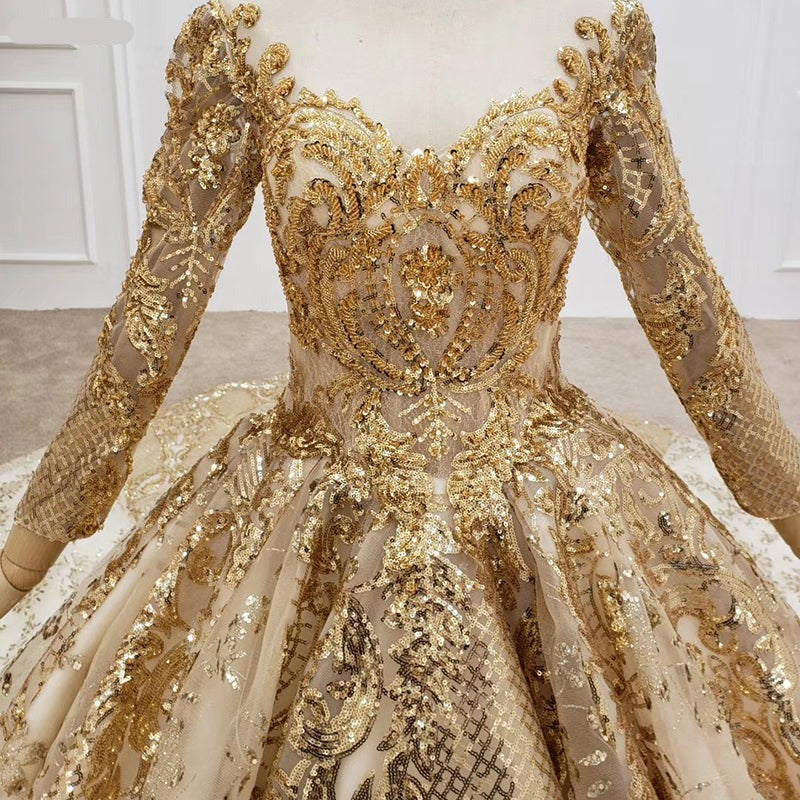 High Quality Gold Designer Luxury Long Sleeve Sequin Wedding Dress - Image 6