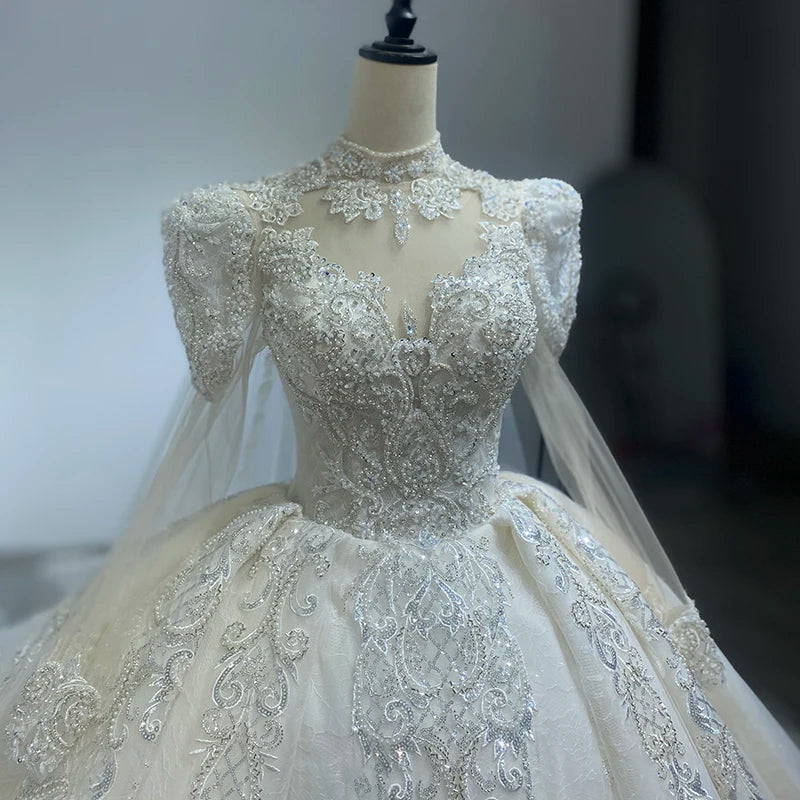Heavy-Duty Luxury Wedding Shawl Yarn Shiny Puff Shoulder Long-Sleeved Ball Gown French Wedding Dress - Image 3