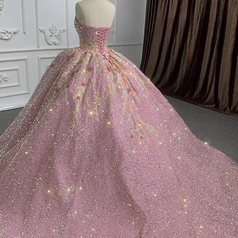 Shiny Applique Diamond Strapless Sequins Ball Gown Formal Evening Dresses - Image 6
