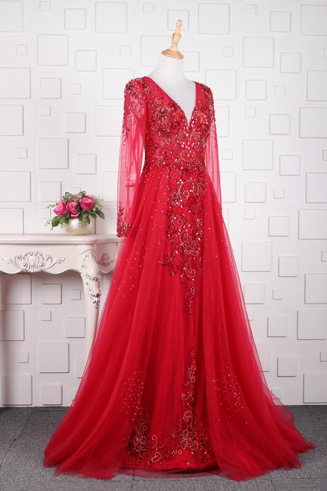 Full Sleeve V-Neck Brush Train Party Dress Illusion Beading A-Line Crystal Evening Dress - Image 6