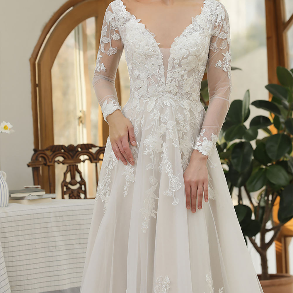Modern V-neck Long Sleeve Floral Print Long Gowns For Women's Wedding - Image 2