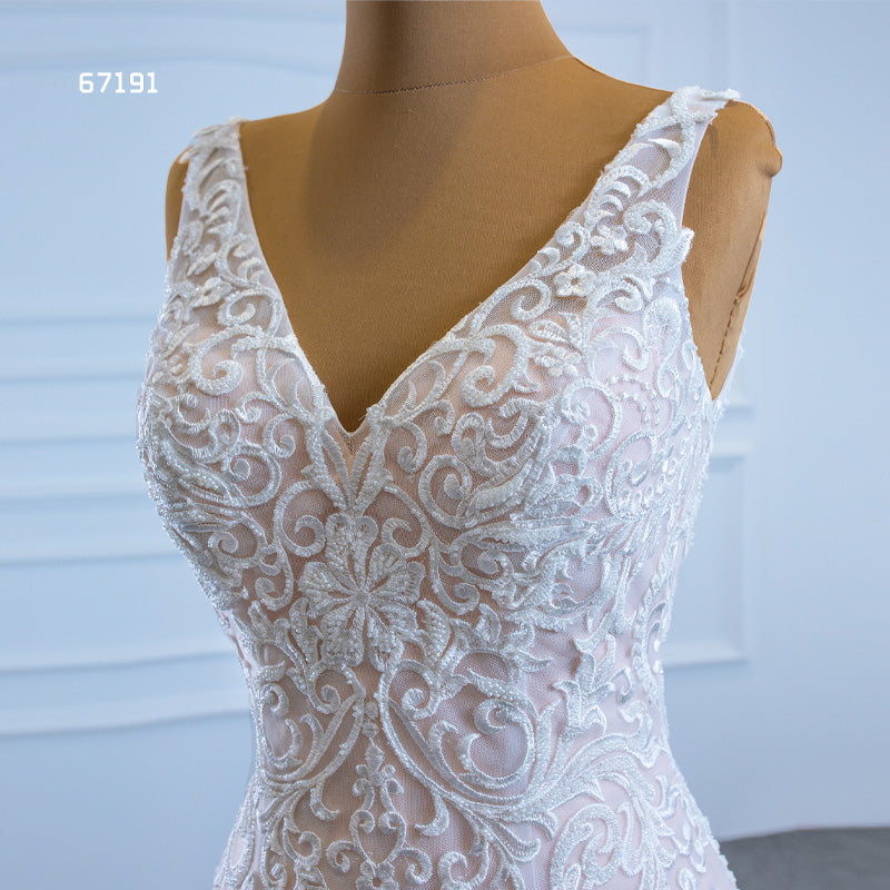 Deep V Neck Lace Applique Elegant Mermaid Women Wedding Dress - Image 6