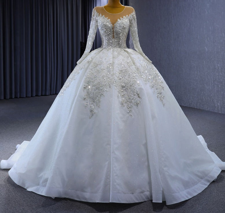 Exquisite White Crystals Ball Gown O-Neck Full Sleeve Wedding Dresses