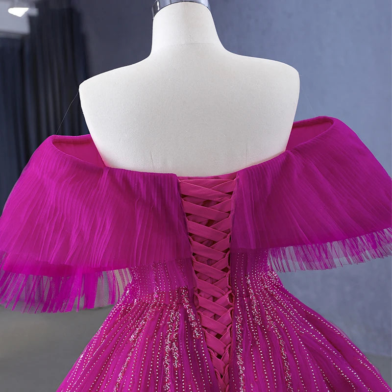 Honeyed Pink Fuchsia Tulle Prom Gowns Formal Evening Dresses Beadings A-Line Dress Floor Length - Image 6