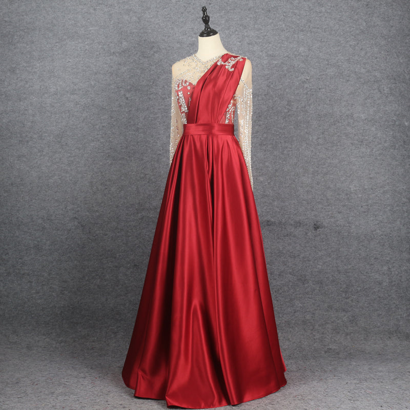 Evening Dress New Evening Dress Long Sleeve Light Luxury Beaded A Swing Dress Elegant Temperament Lace Prom - Image 2