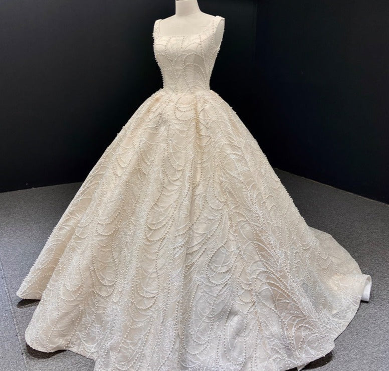 ball gown princess luxury crystal beaded lace wedding dress applique