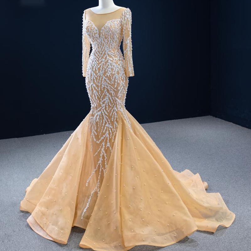 Orange Long Sleeve Luxury Pearls Dinner Gown Evening Dresses