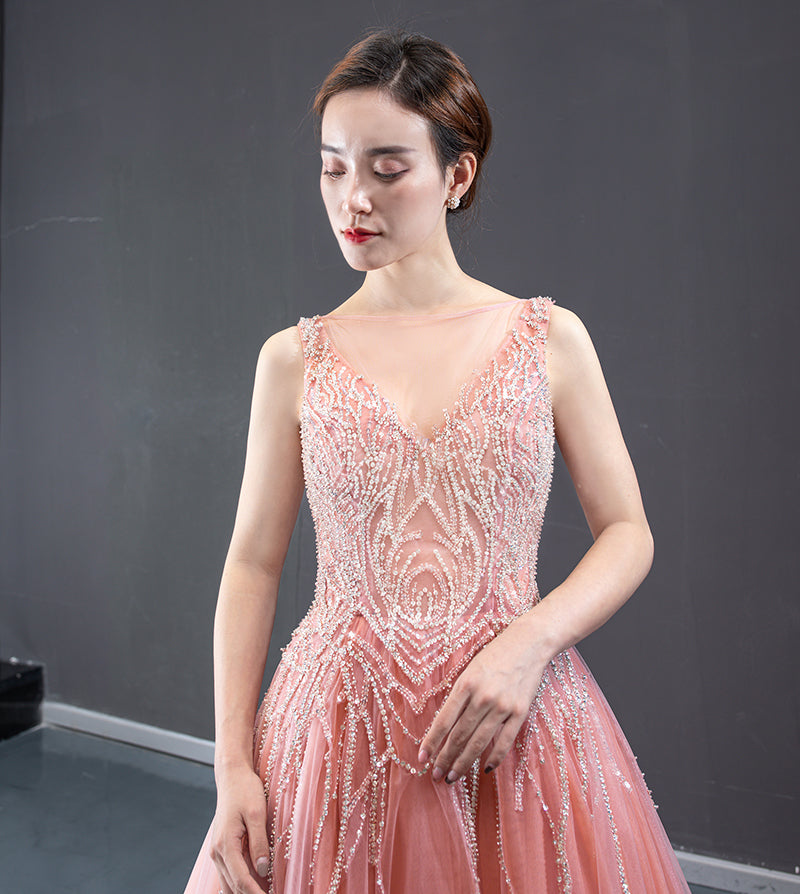 high quality pink long train lace sexy evening dresses - Image 6