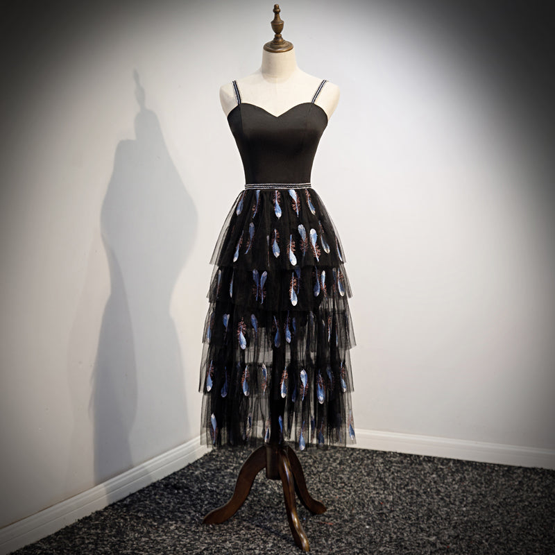 girls dress spaghetti strap sweetheart sexy feather pattern applique lace black dress woman