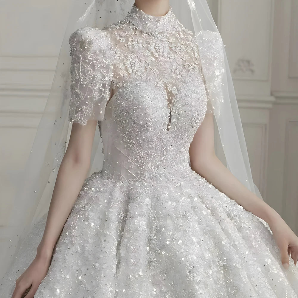 Pearls Wedding Dresses Beadings Puff Sleeve Tulle Lace Long Train Ball Bridal Gowns - Image 4