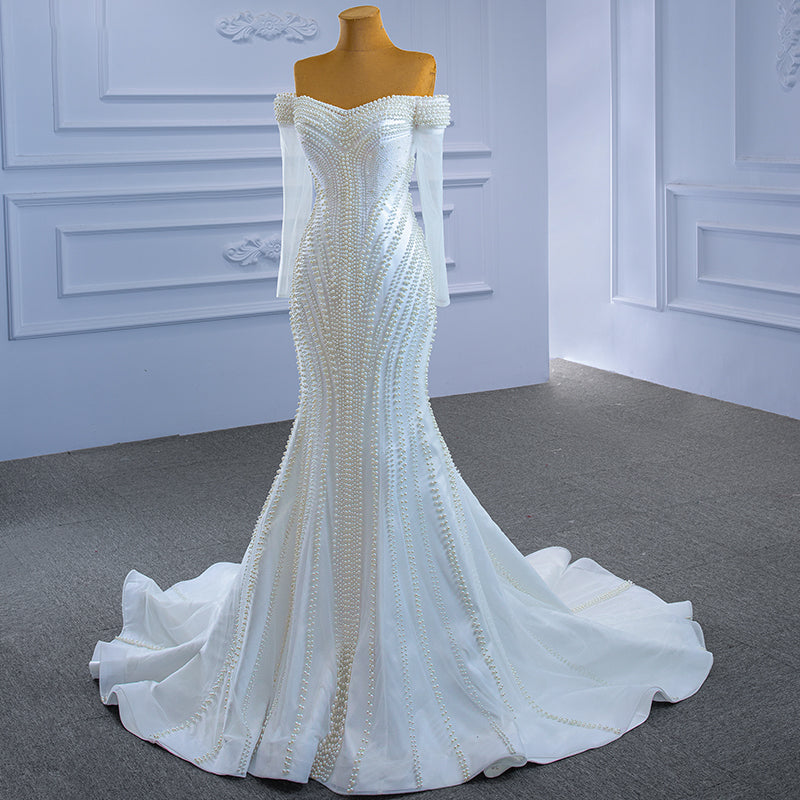 Ladies White Fashion Lace Beaded Mermaid Bridal Wedding Dress - Image 3
