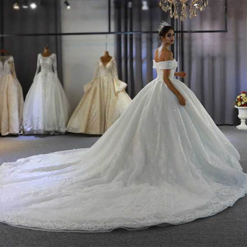 2022 New Elegant Bridal Wedding Dress Lace One Shoulder Embroidered White Princess Wedding Dress - Image 5