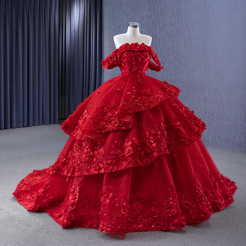 Red Flower Off Shoulder Ball Gown Party Evening Dresses - Image 7
