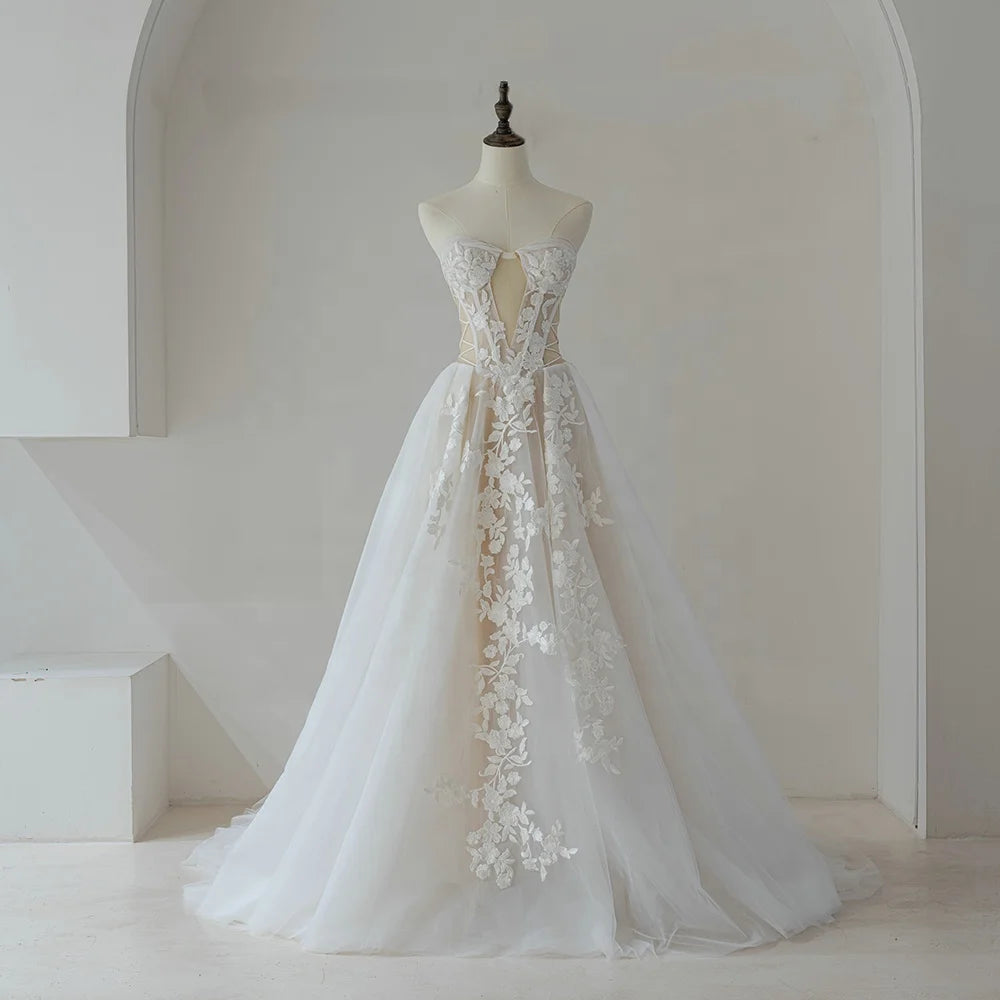 Boho Illusion Sleeveless Bridal Wedding Party Formal Gowns Dresses