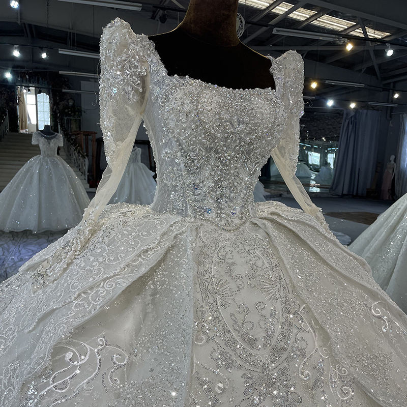 Lace Applique Ball Gown Long Sleeve Bridal Wedding Dress