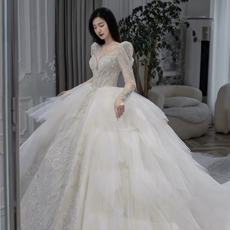 Beautiful French Long Sleeve Lace Bridal Trailing Wedding Dress - Image 8