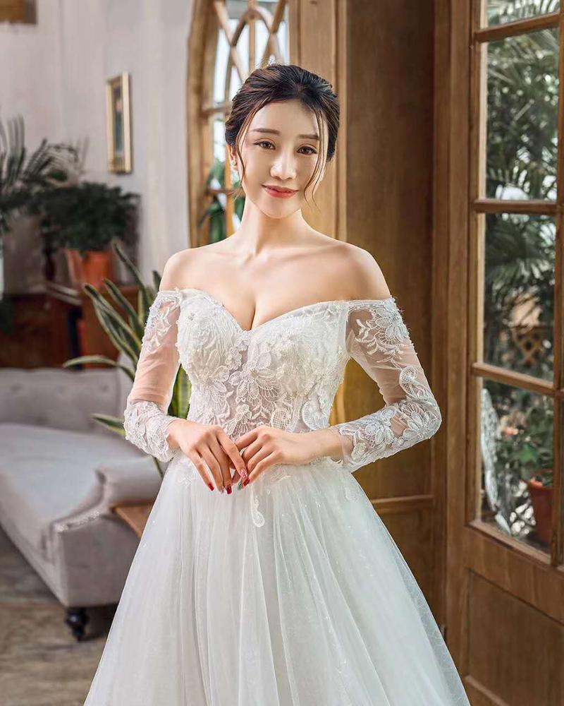 A-line pattern illusion embroidery beading lace up weeding dress Wedding Dress - Image 6