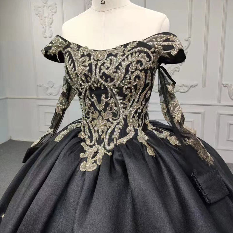 Vintage Long Black Embroidery Women's Evening Ball Gown Dresses
