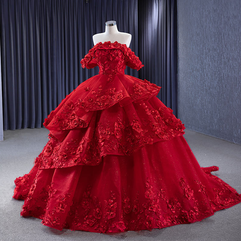 Red Flower Off Shoulder Ball Gown Party Evening Dresses - Image 6