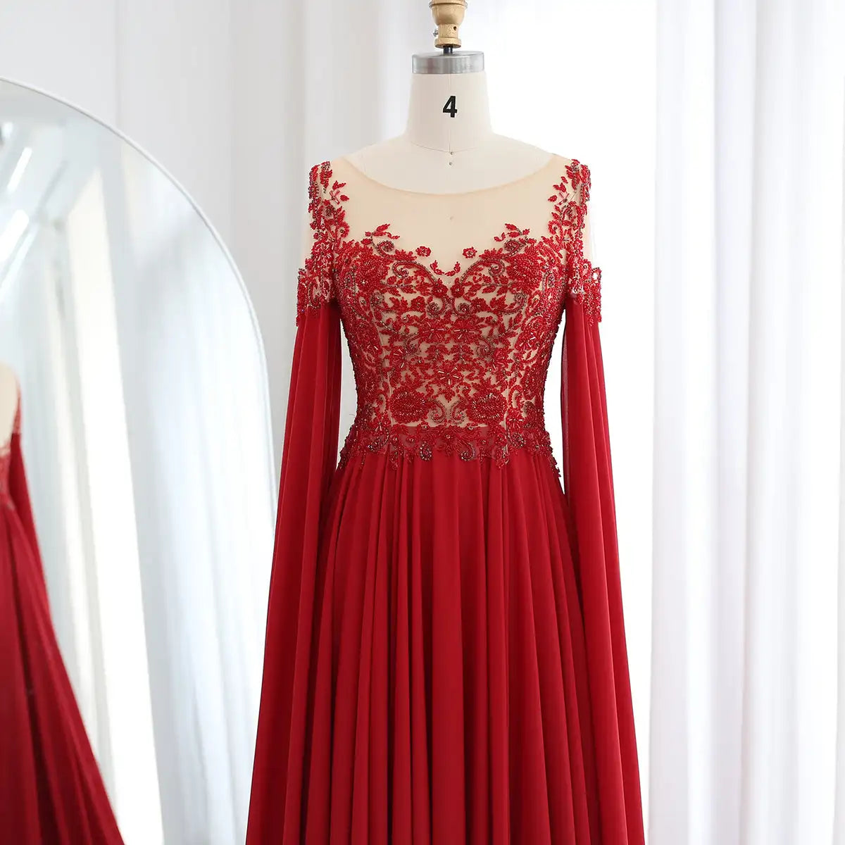Luxury Beaded Wine Red Chiffon Evening Dress with Cape Sleeve Women for Wedding Dubai Formal Party Gowns - Image 3