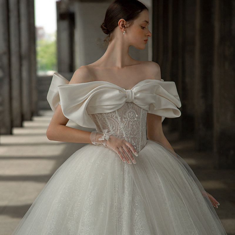 2022 New OFF-Shoulder Satin Bridal Custom Skirt Super Fairy Luxury Long Tail Wedding Dress