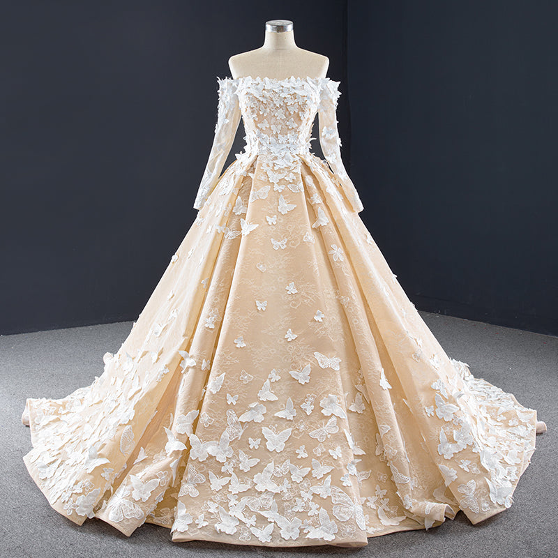 Wedding Dress Champagne Elegant 3d Flower Applique Off Shoulder Long Sleeves Wedding Gown - Image 4
