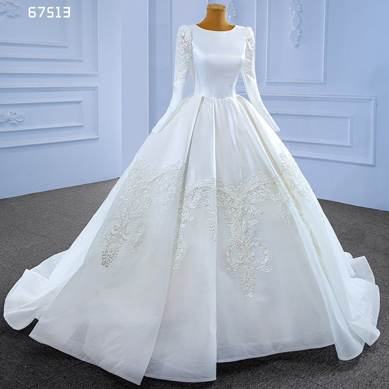 Custom White Long Sleeve Satin Organza Embroidered Elegant Bridal Wedding Dress 2022