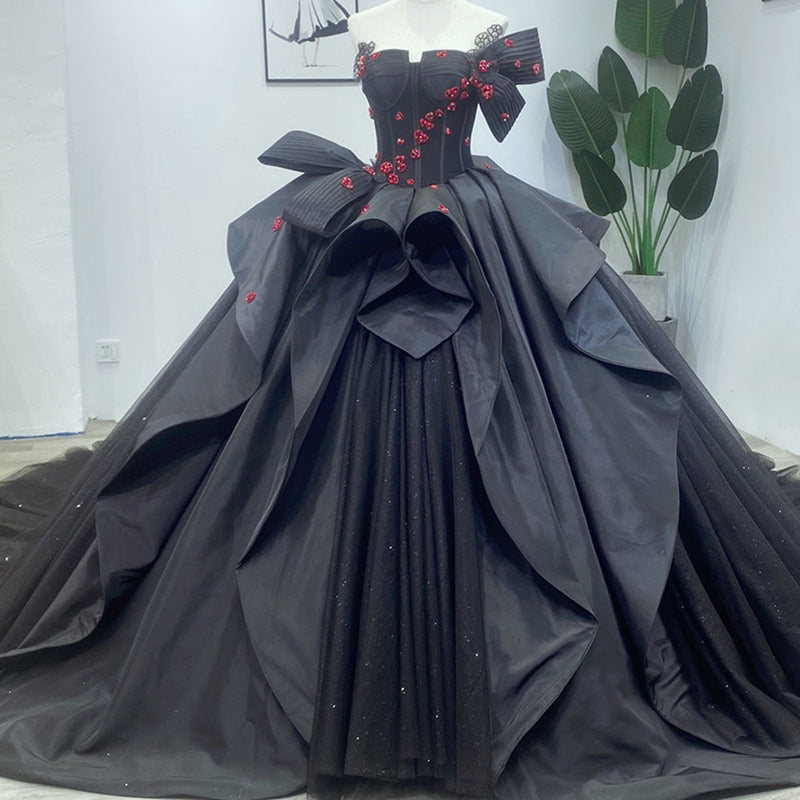 2022 New Ladies Sweetheart Prom Dress Wedding Dress 3D Flower Crystal Beaded Wedding Dress Black - Image 5